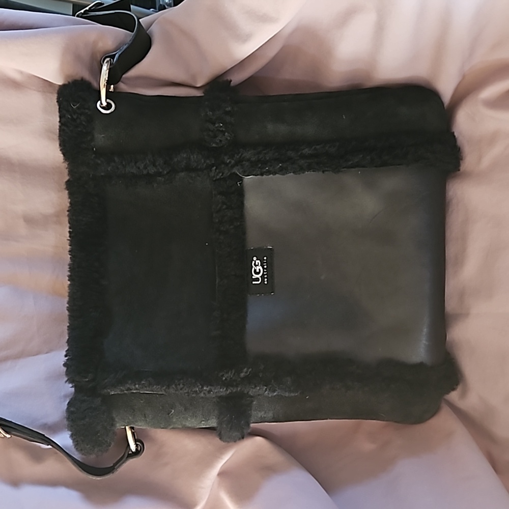 UGG Black Suede and Leather with Sheepskin Shoulder Bag